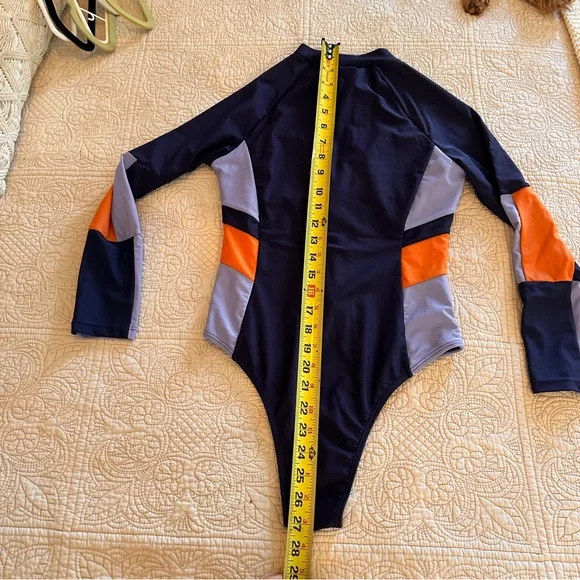 Navy Blue Orange One Piece Long Sleeve Swimsuit Small Modest Zip-up Surf Maui - Picture 7 of 12